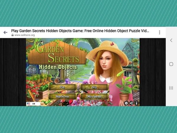 Screenshot of a computer game titled "Garden Secrets Hidden Objects" showing a woman in a straw hat surrounded by flowers. Menu options include Play, High Scores, Help, and More Games—perfect for fans of fun games and addictive games.