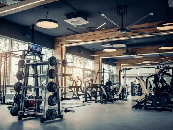 A modern gym with weight racks, various exercise machines, and large windows letting in natural light. The clean, organized space is empty of people, perfect for women seeking a comfortable workout spot in their favorite gym clothing.