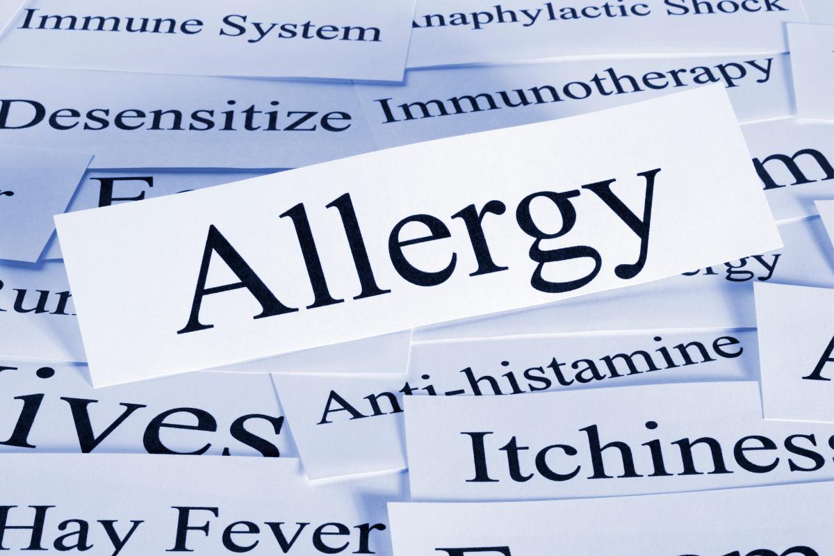 A group of white paper cards with medical terms, including a prominent card reading "Allergy" in bold black letters, highlights challenges faced by allergy sufferers among other cards bearing terms like "Immune System" and "Anti-histamine.