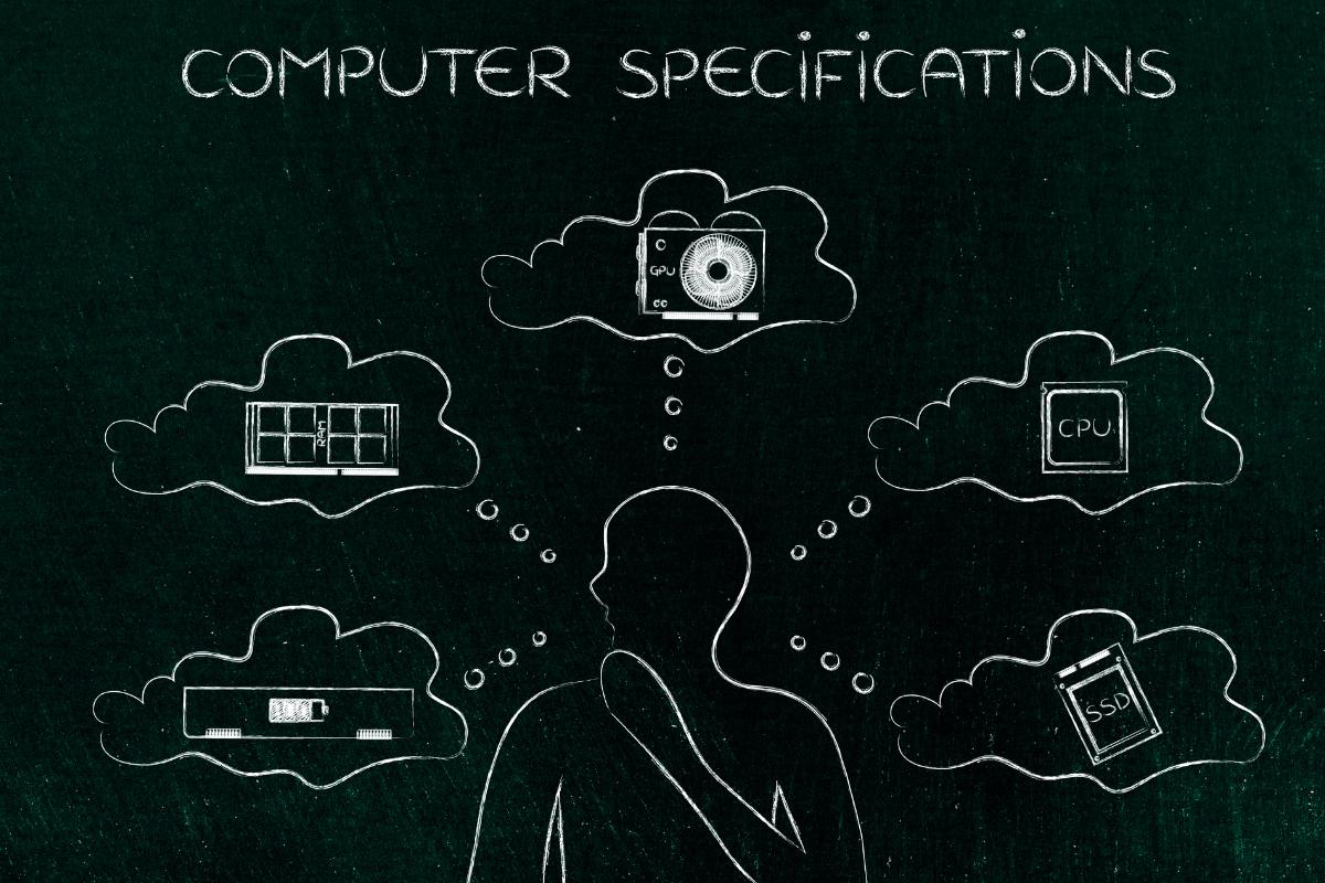 A person thinking, with chalk drawings above them showing a hard drive, CPU, RAM, SSD, and graphics card under the title "Computer Specifications" on a blackboard—perfect for a beginner's guide to Computers and software.