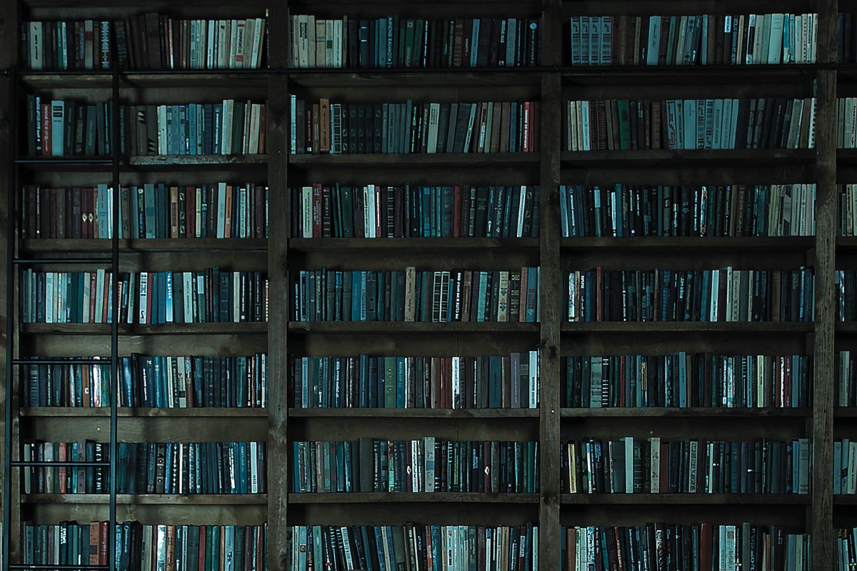 A large bookshelf filled with rows of books organized vertically, featuring expert book recommendations and Mother's Day reads. The shelves cover the entire wall, and a ladder is partially visible on the left side.