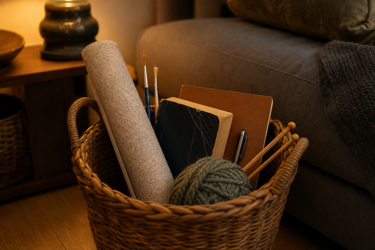 A woven basket holds a rolled-up map, two notebooks, a pen, paintbrushes, two wooden knitting needles, and a ball of green wool—perfect tools for brain relaxation and screen-free creativity. The basket sits on a wooden floor next to a sofa and a small wooden table with a lamp.