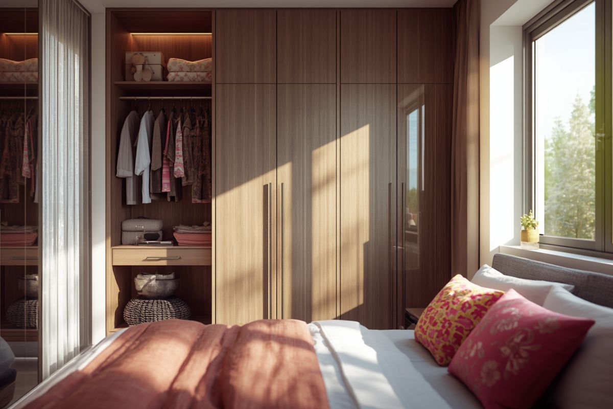 A bedroom with a large wooden wardrobe providing efficient bedroom storage, featuring an open section with hanging clothes and shelving next to a bed with patterned scatter cushions.